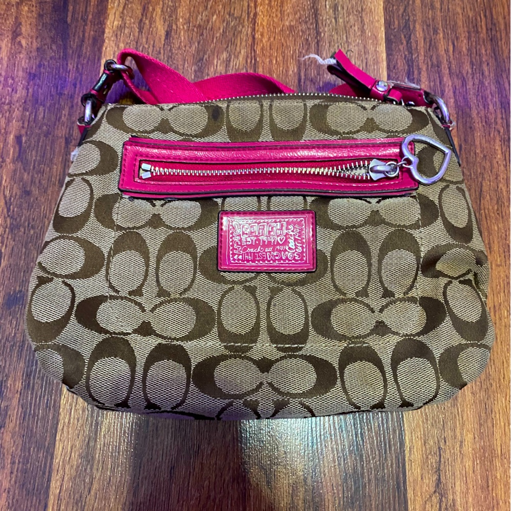 Authentic Coach Crossbody Purse, Brown and Pink, Heart zipper